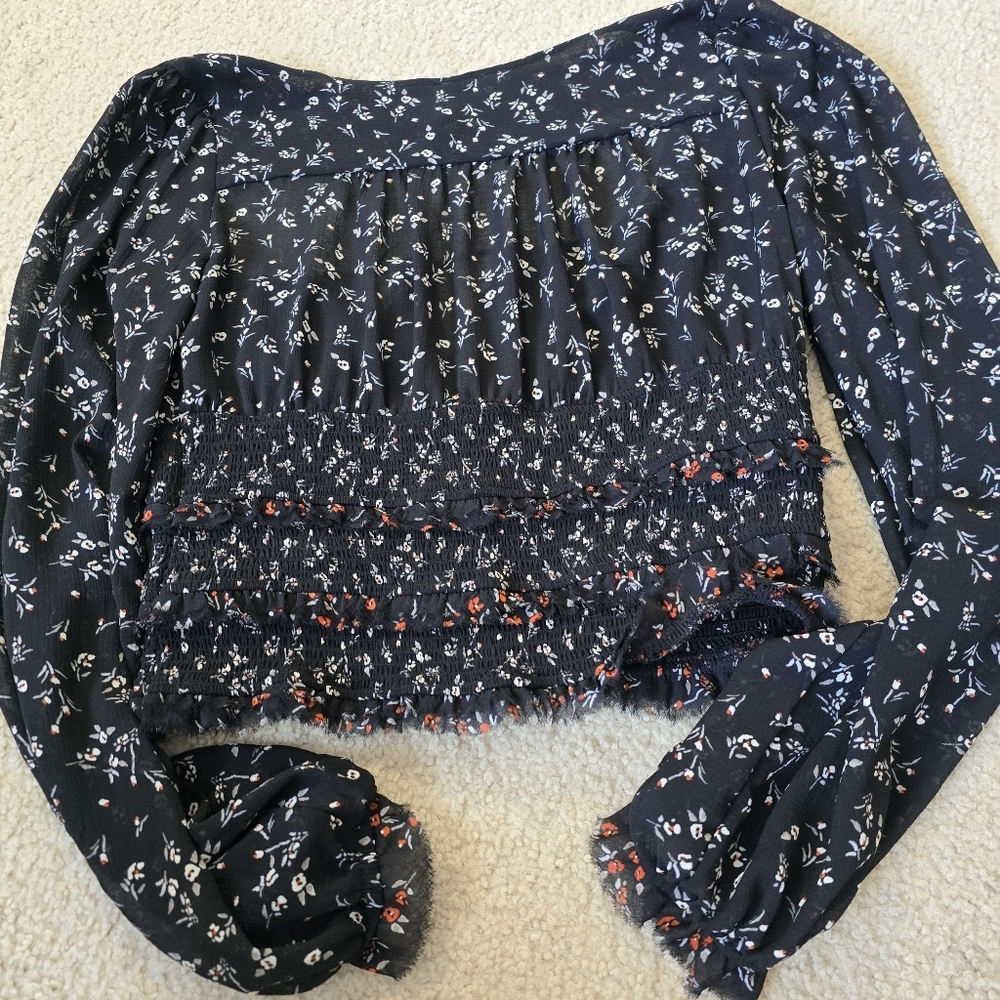Free People Lolita Top Tiered Smocked Ruffle Raw Hem Drawstring Tie Long Sleeve - Picture 11 of 12